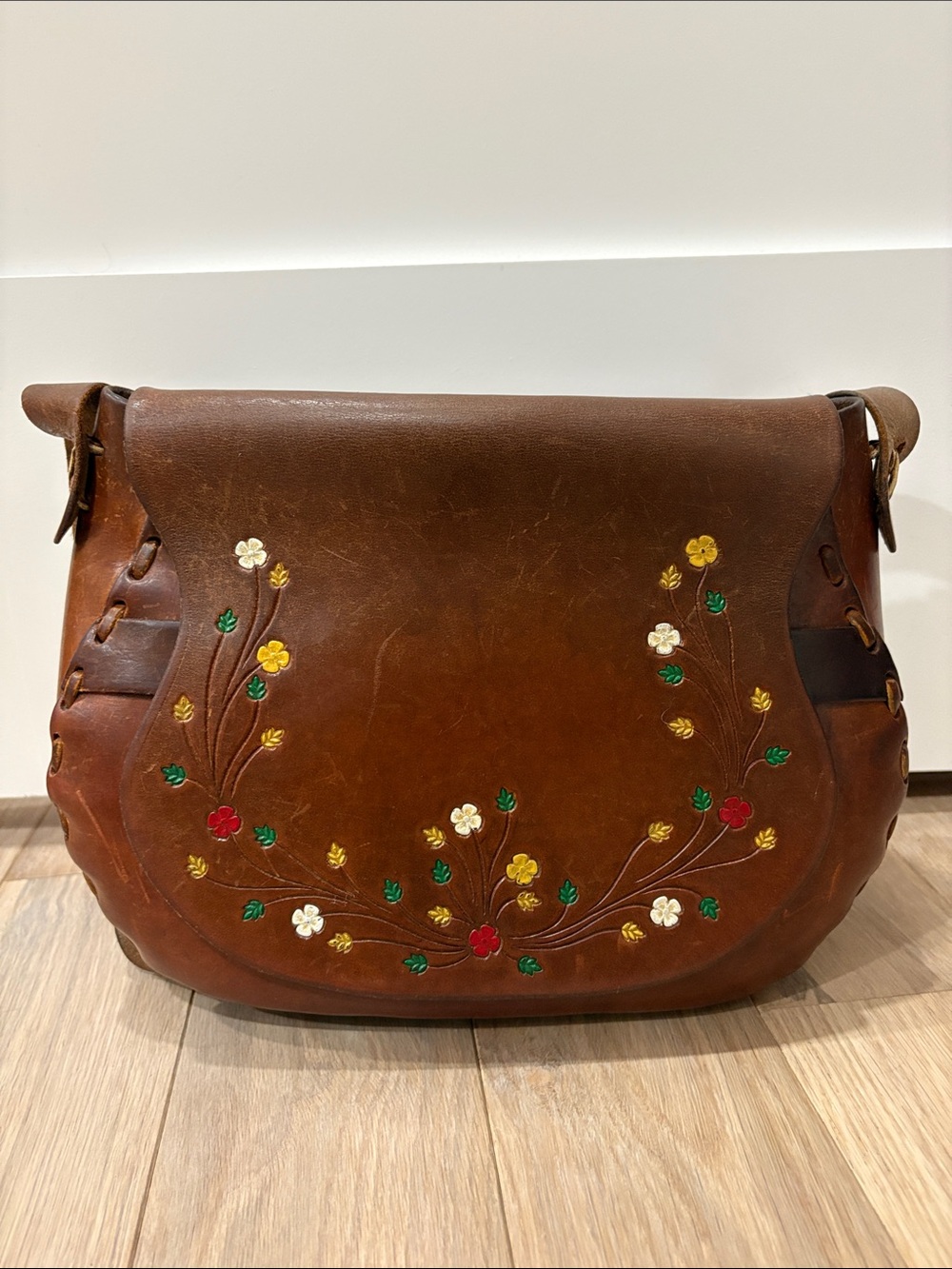 Vintage 70s Hand Tooled Leather Saddle Bag Painted Floral Whipstitch Boho